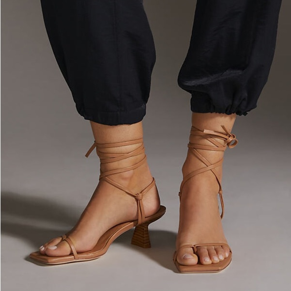 Anthropologie Caverley Sailor Tie-up Strappy Sandals Square Toe Heels Beige Tan